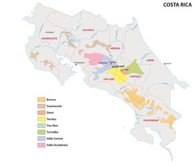 Map of the coffee growing regions of costa rica