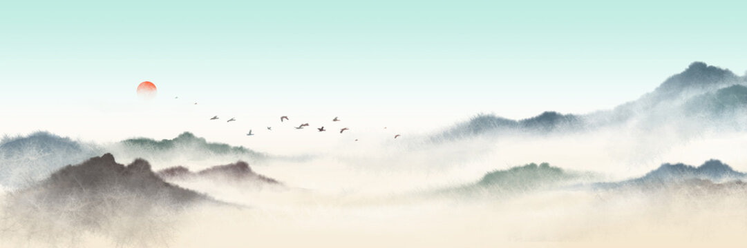Chinese style Oriental ink painting, traditional classical ink painting