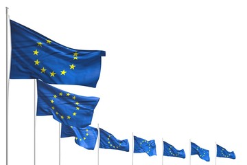 pretty many European Union flags placed diagonal isolated on white with space for text - any celebration flag 3d illustration..