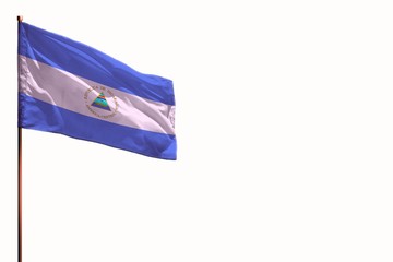 Fluttering Nicaragua isolated flag on white background, mockup with the space for your content.