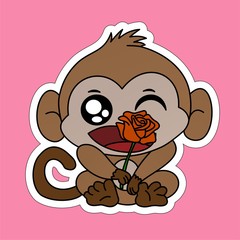 Stickers of Monkey Opens his Mouth While Holding a Rose Cartoon, Cute Funny Character, Flat Design