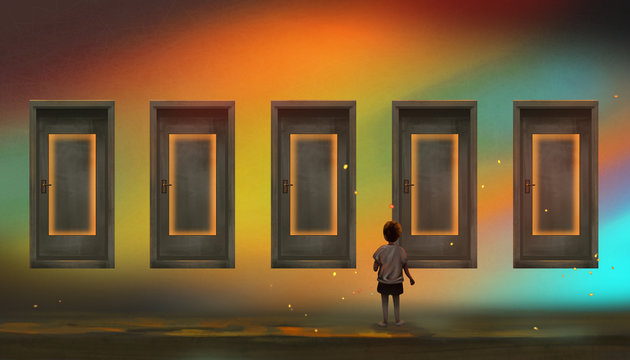 A child is standing in front of five doors thinking. Boy at the fork in the road and the meaning of choice Philosophy illustration Surrealist painting