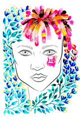Watercolor woman portrait with blue flowers and dreads. Gemini zodiac sign. Vector illustration.