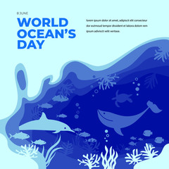 world ocean's day papercut greeting card template with whale, dolphin and turtle