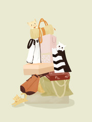 The cat is lying on the shopping bag. Original illustration