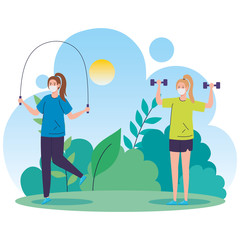 women using face mask practicing exercise in landscape vector illustration design