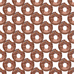Seamless pattern with colorful donuts in icing on a white background. View from above.