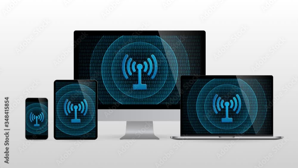 Poster computer devices with wireless connection. realistic set monitors desktop laptop tablet and phone wi