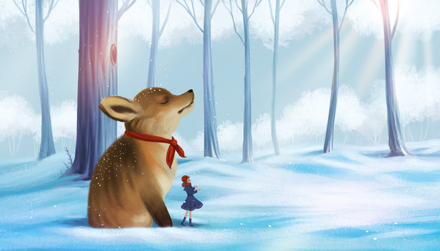 Girl and fox wearing red scarf play in snowy forest. Beautiful emotions illustration digital painting