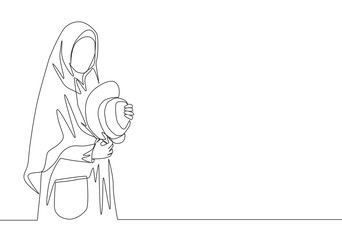 One continuous line drawing of young happy muslimah on Islamic cloth holding cute hat. Attractive middle east women model in trendy hijab fashion concept single line draw design vector illustration
