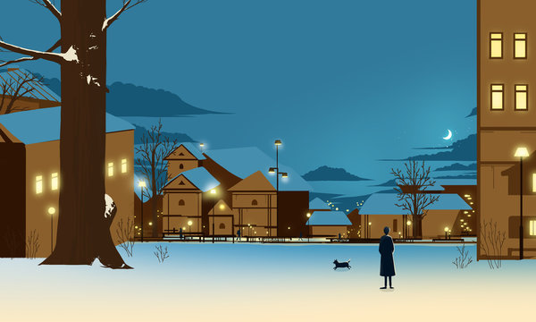 Silhouettes of people and dogs in the snow at winter night. Night city illustration with lights