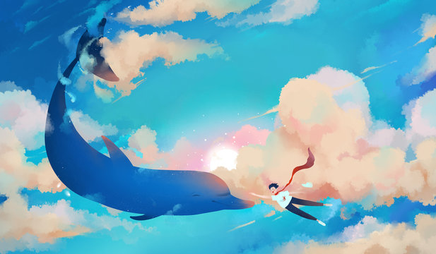 Dolphins and boys frolic in the air. Beautiful romantic dolphin illustration