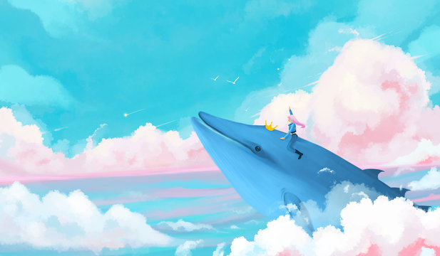 Girl riding a whale soaring in the sky. Beautiful creative illustration