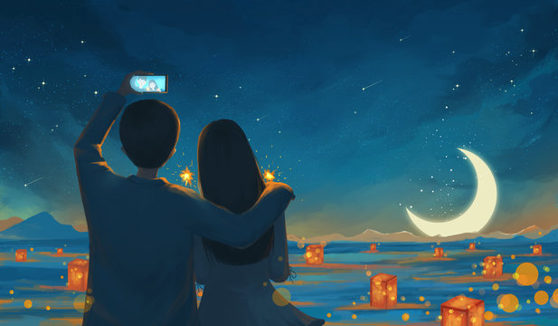 Couple embracing selfie at beautiful night.Valentine illustration