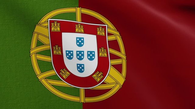 Portuguese Republic Flag known as "Bandeira de Portugal" or "Bandeira das Quinas" waving in the Wind. Detailed shot. 