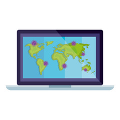 earth maps with covid19 particles in laptop vector illustration design