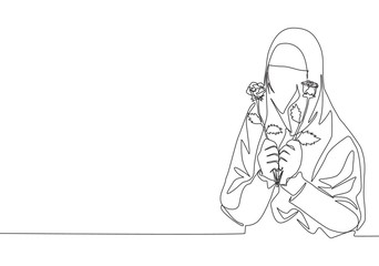 Single continuous line drawing of young happy saudi arabian muslimah wearing burqa while holding rose flower. Traditional muslim woman niqab with hijab concept one line draw design vector illustration
