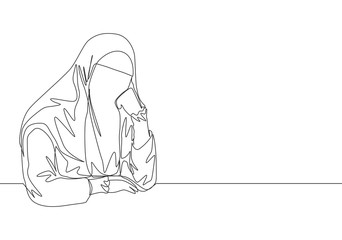 Single continuous line drawing of young pretty saudi arabian muslimah wearing burqa and pensive seriously. Traditional muslim woman niqab with hijab concept one line draw design vector illustration