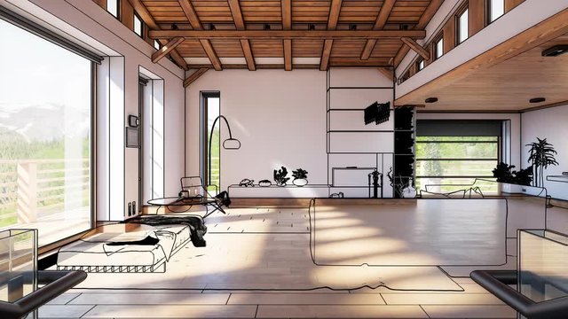Modern Residential Loft Interior with Fireplace - loopable 3d visualization