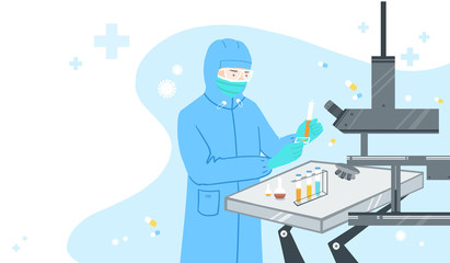Doctor wearing protective clothes researching drugs. Medical staff holding test tube for experiment.