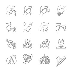 Obraz premium Coronavirus symptoms related thin line vector icons set. Contains such Icons as Headache, Fever, High Temperature, Pneumonia, Sore Throat, Cough and more. Vector illustration. Editable Stroke.