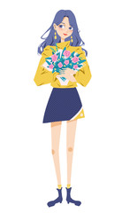 Girl holding flowers. Comic character design illustration