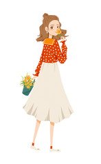 Cute girl with jacquard basket. Comic character design illustration