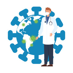planet earth with covid19 particles and doctor vector illustration design