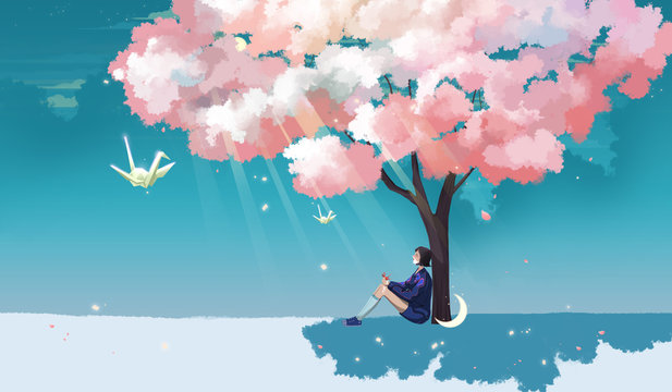 The girl sits under the pink tree, looking at the glowing paper cranes in the sky.Moment of miracle