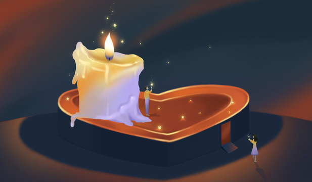 Candle heart door lonely young men and women emotional illustration