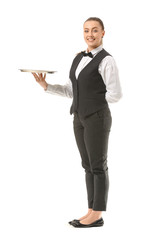 Beautiful female waiter with empty tray on white background