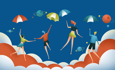 Young men and women floating in the air. Youth festival illustration