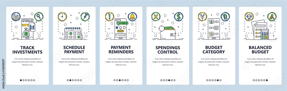 Aufkleber payment website and mobile app onboarding screens vector template