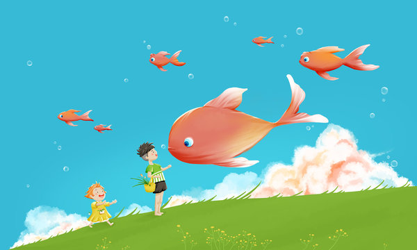Children's Day Illustration: The Wonderful World in Children's Eyes.Two children are cheering for the fish in the air.