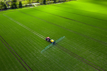 Agricultural industry, tractor spraying herbicides in green field - obrazy, fototapety, plakaty