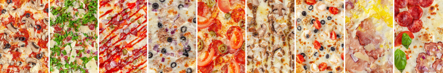 Italian cuisine. Set of textures of different pizzas close-up. background image. Top view.