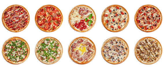 Italian cuisine. Set round thin pizza on a wooden board, on a white background. Image is isolated. Top view.