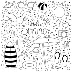 Lineart Hello summer doodle set decoration element. Pattern Summer Doodle vector illustration background