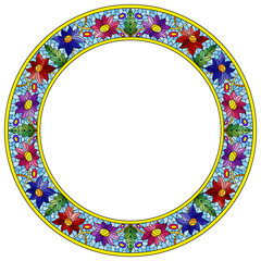 Illustration in stained glass style flower frame, bright flowers and  leaves in blue frame on a white background