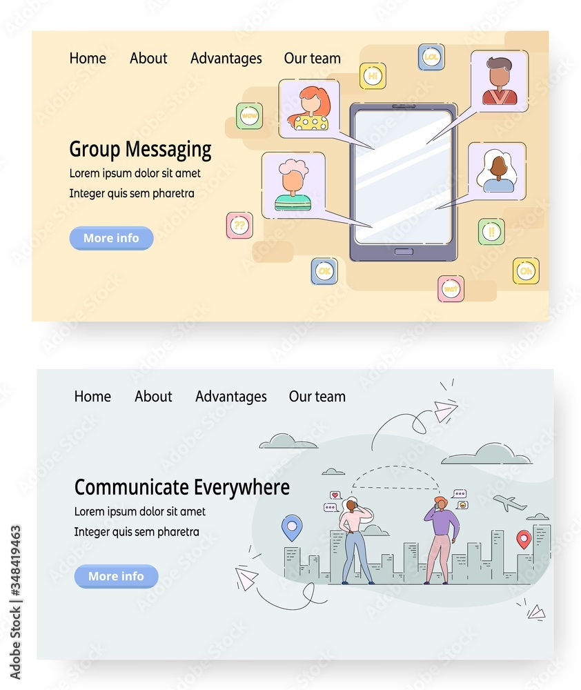 Poster communication vector website landing page template set