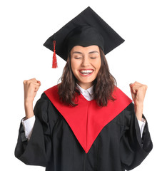 Happy female graduating student on white background