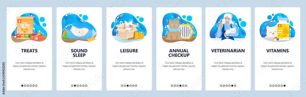 Poster veterinary website and mobile app onboarding screens vector template