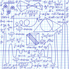 Math vector seamless pattern with handwritten formulas on a grid copybook background