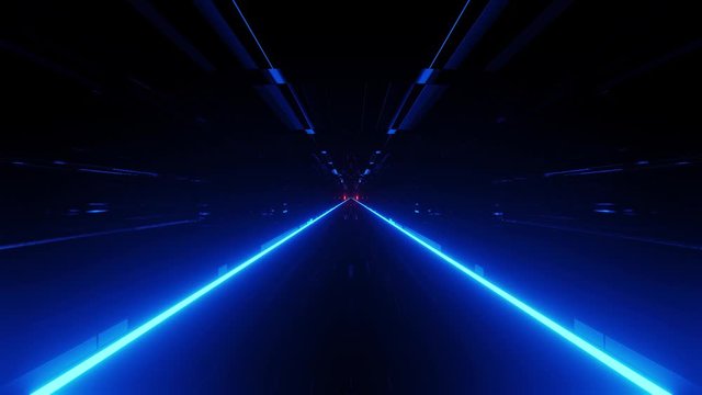 Motion graphics sci fi: fast straight blue lights illuminate passage in spaceship