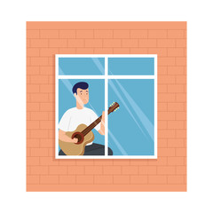young man stay at home playing guitar in window vector illustration design
