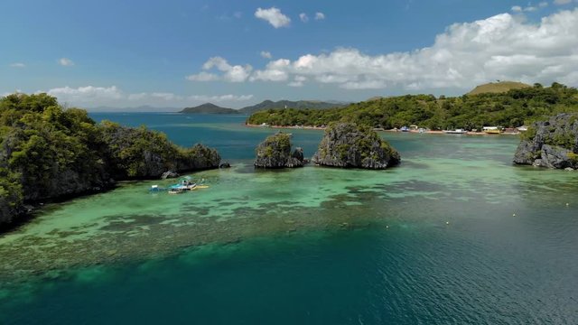 Aerial view of a beautiful small islands Siete Pecados near in Coron Bay. Palawan. 