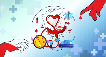 Fototapeta premium Blood donation design. Creative donor poster and cute character. Blood Donor banner. Red drop. Donation volunteer. Blood donation medical poster. Save human life concept. Vector illustration
