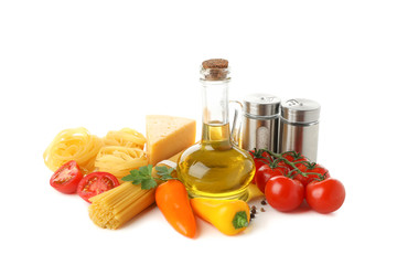 Composition with pasta and ingredients for cooking isolated on white background