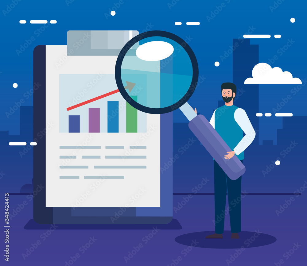 Poster man with magnifying glass and clipboard vector illustration design