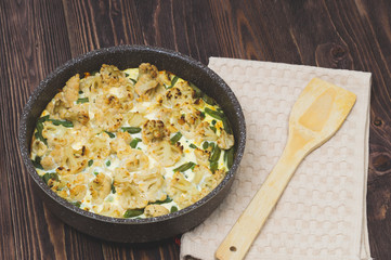 meat casserole with broccoli in a round dish